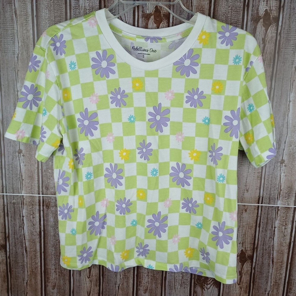Rebellious One Girls Multi Pattern Floral Check Short Sleeve T-Shirt Size Small